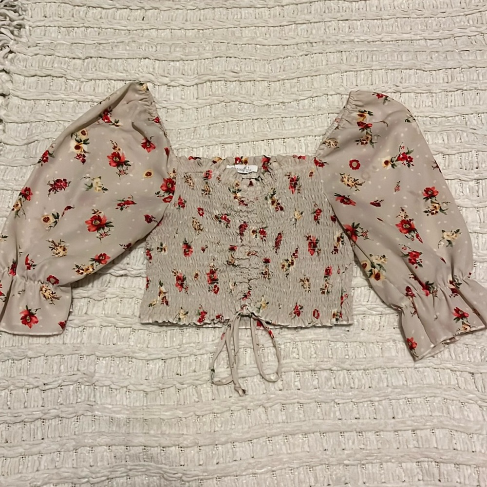 Cropped Floral Smocked Cinch Tie Top